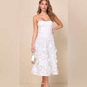 Lulus Delightful Romance White Floral 3D Strapless Lace-Up Midi Dress Sz S #